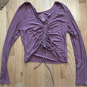 Arie ribbed long sleeve crop top, mauve pink size large, adjustable drawstring